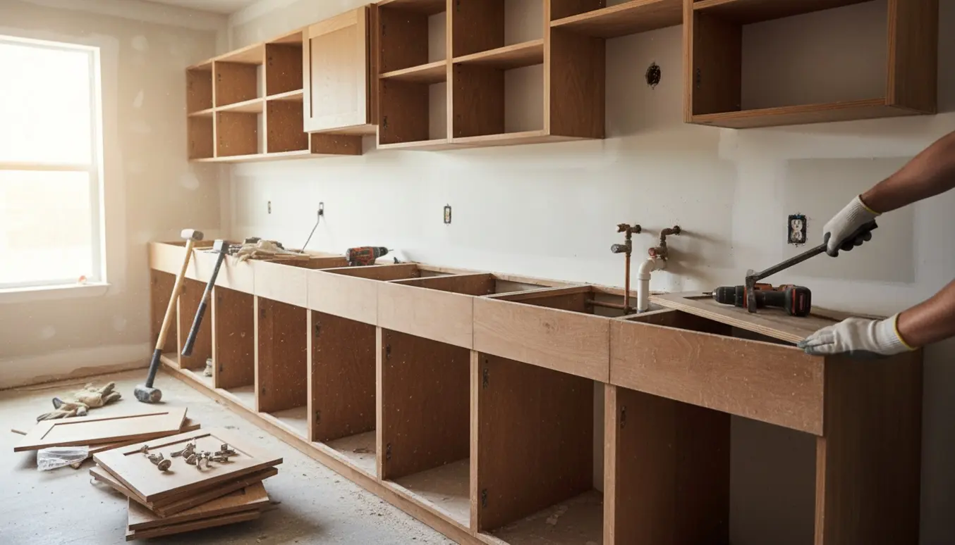 Partielt nedrevet køkken under renovering med fjernede skabslåger, værktøj og støv i sollys.