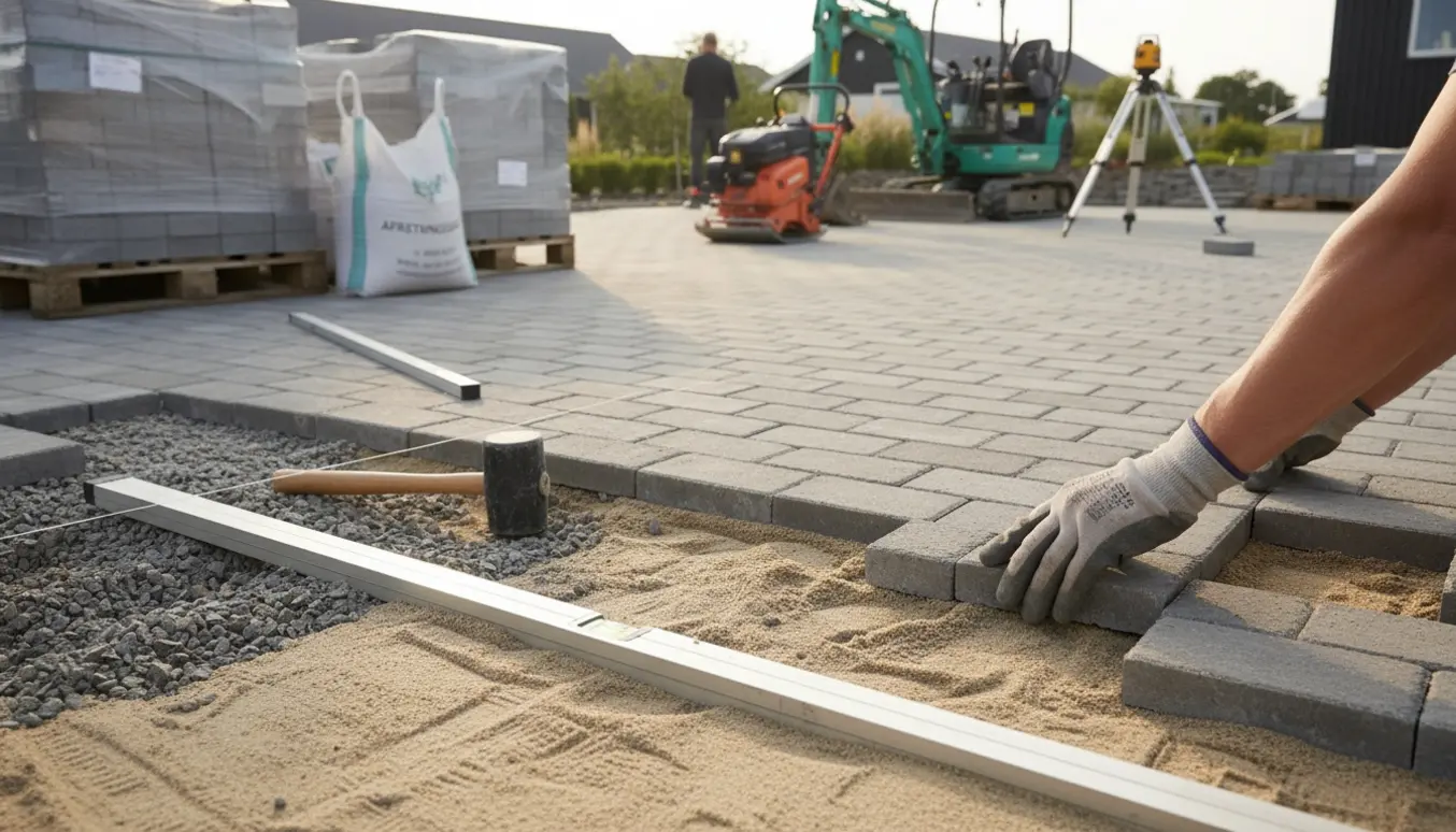 Arbejder lægger betonfliser på et stort, delvist færdigt fliseareal med værktøj og materialer.