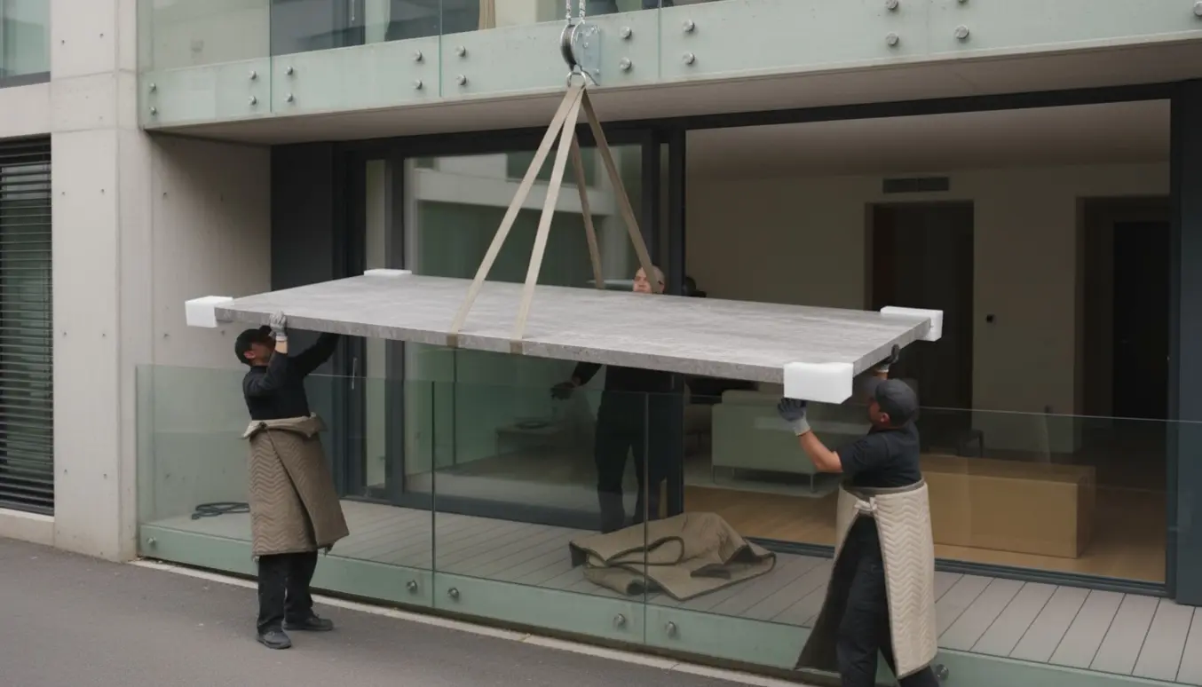 Et trænet hold løfter et tungt gråt travertin spisebord op til en altan på 2. sal med stropper og beskyttelsesmåtter.