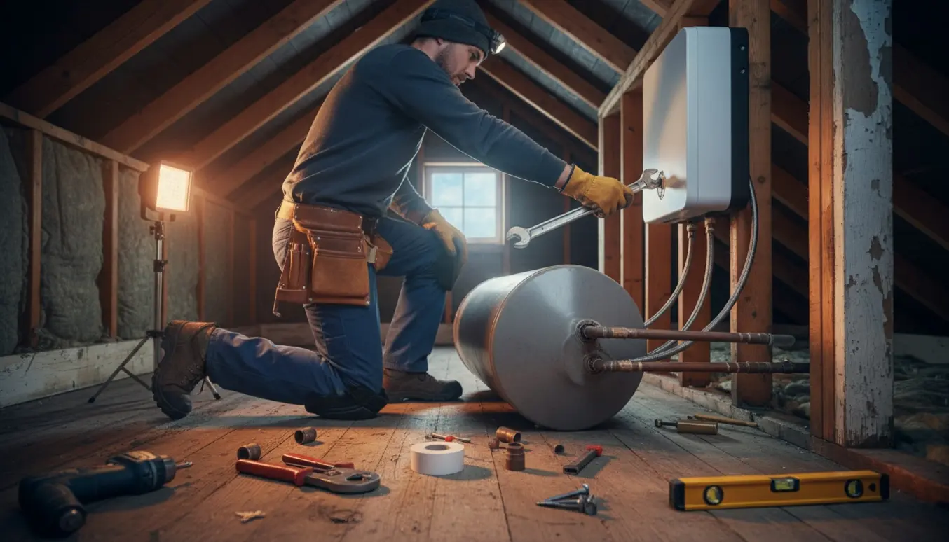 En håndværker udskifter en stor gammel varmtvandsbeholder i en skunk med en mindre ny enhed.