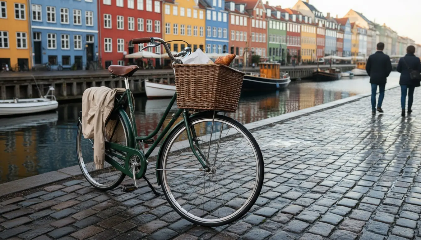En cykel parkeret ved Nyhavn med kaffe i kurven og farverige bygninger langs kanalen.