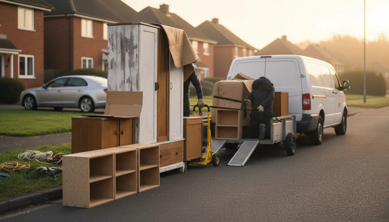Trailer på fortovet med et højt skab, små skabe og reoler klar til afhentning og bortskaffelse.