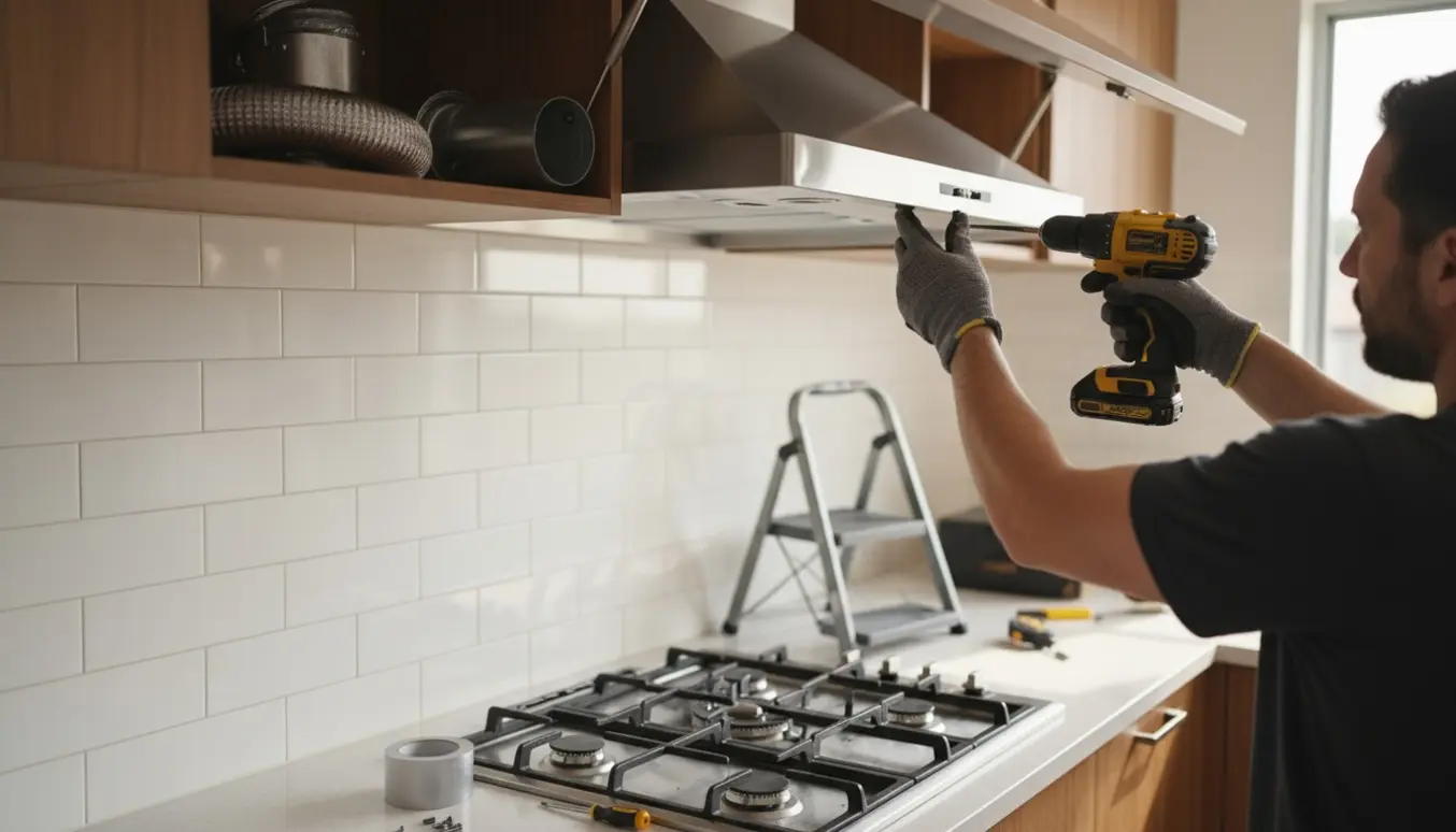 Tekniker monterer en 80 cm rustfri emhætte over en kogeplade med synligt aftræk og værktøj i et moderne køkken.