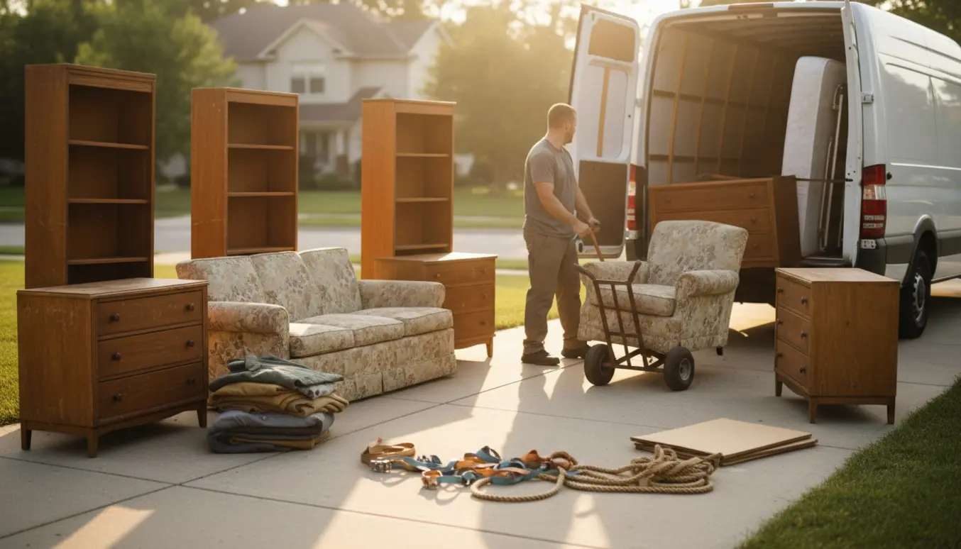 Flyttefolk læsser gamle møbler — seng, sofa, lænestol, to reoler og to kommoder — ind i en varevogn i indkørslen.
