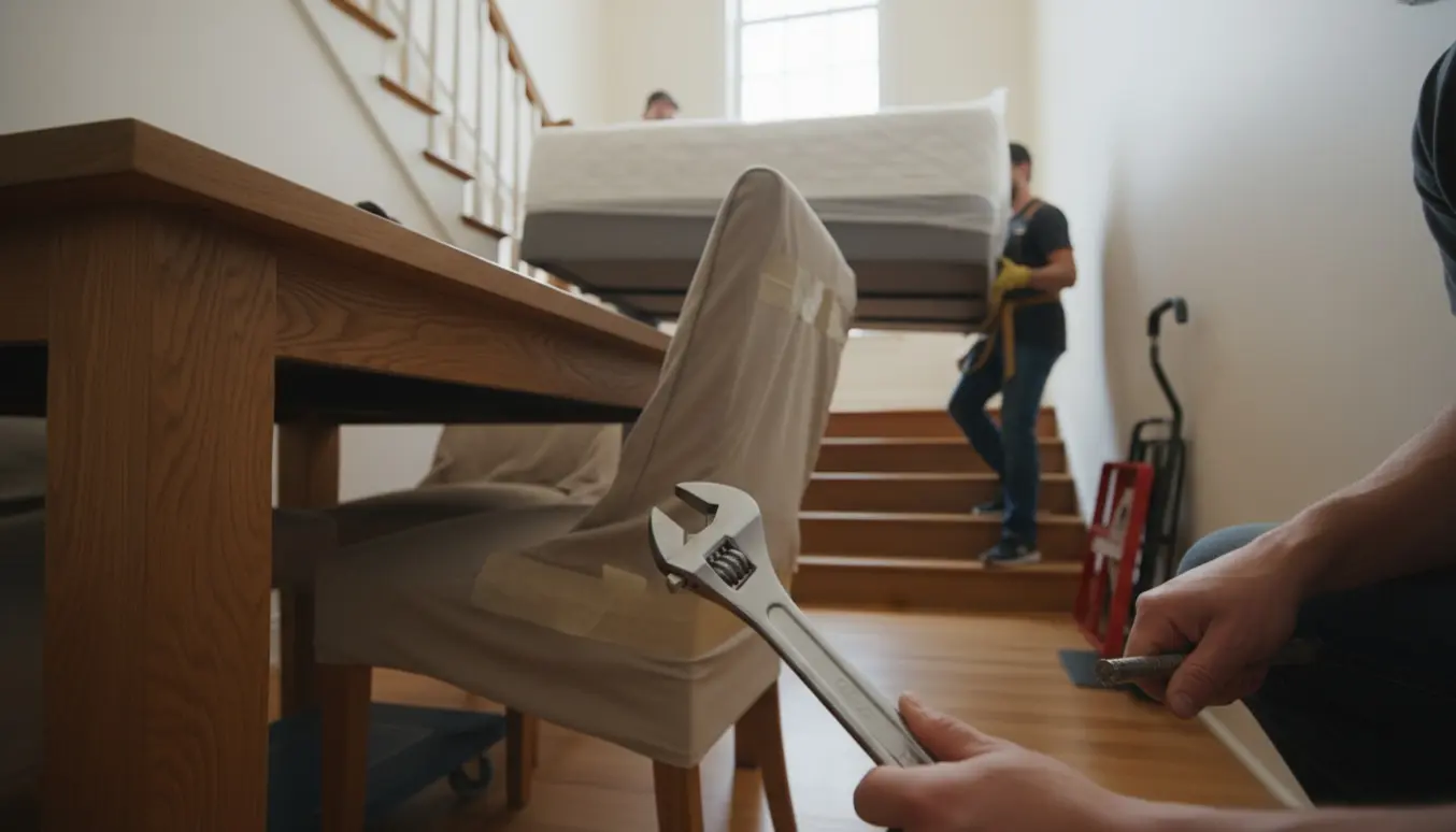 Flyttefolk bærer en continental-seng i en opgang, mens en skruenøgle løsner bordbenet på et spisebord.
