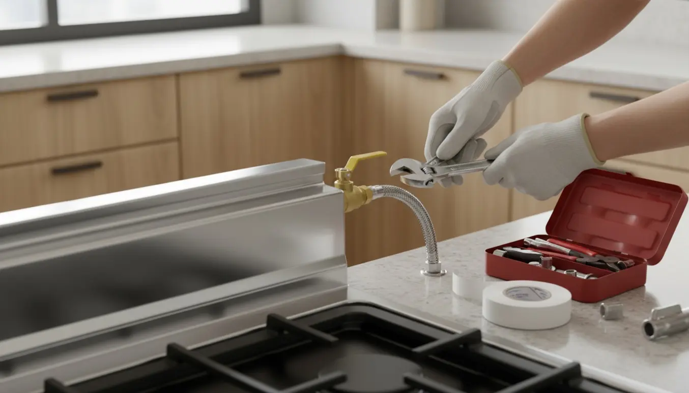 Nærbillede af montering af gaskomfur med fleksibel gasstuds og værktøj i et lyst moderne køkken.