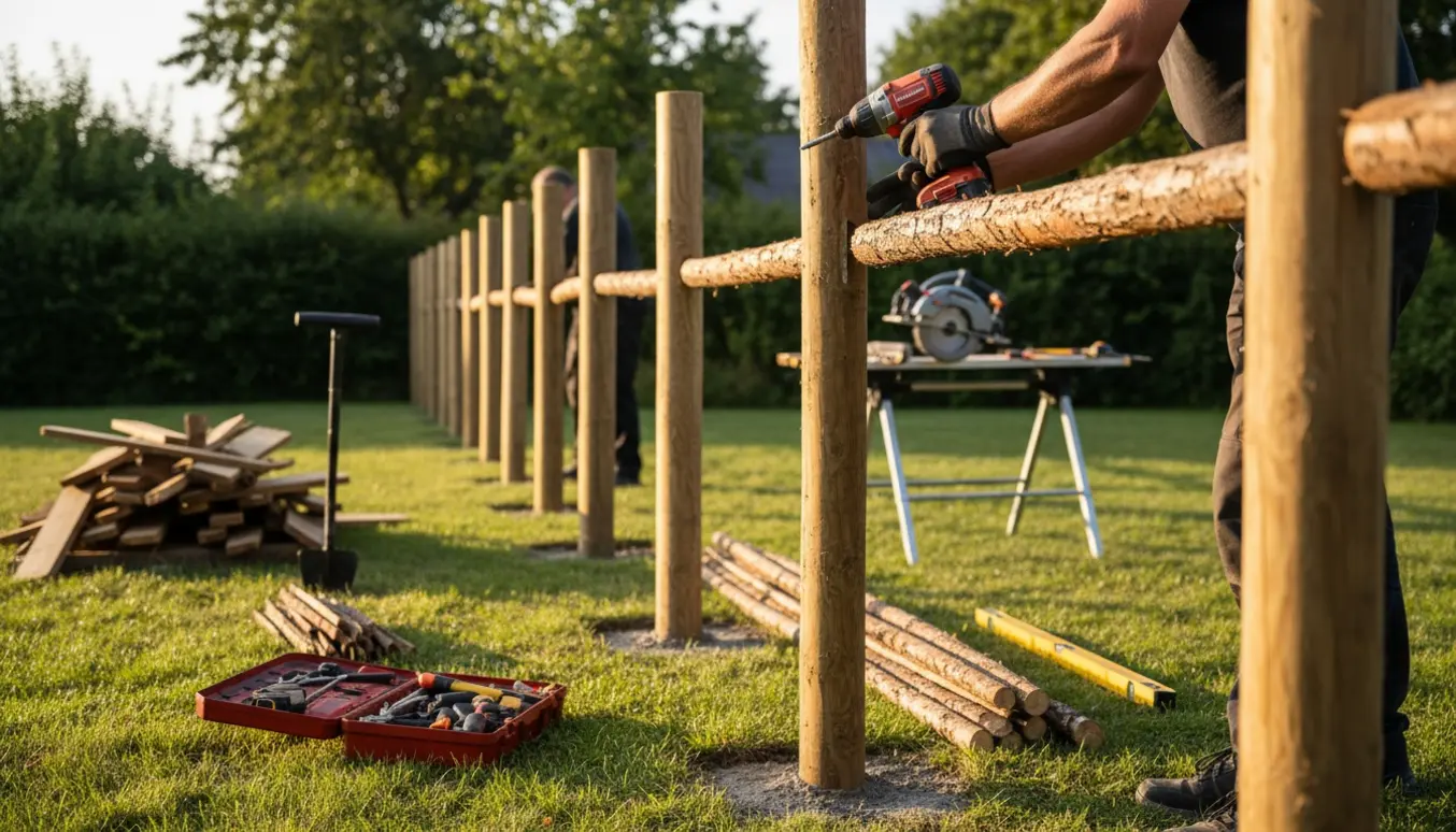 Nyt raftehegn med bark opsættes i en have, håndværkerhænder fastgør stolper og materialer ligger klar.
