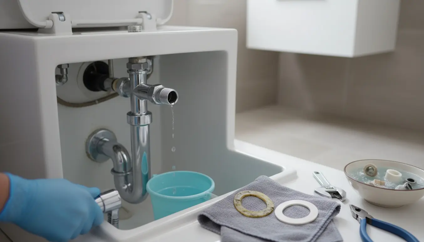 Åben toiletscistern med dryppende indløbsventil, værktøj og reservedele på et klæde.