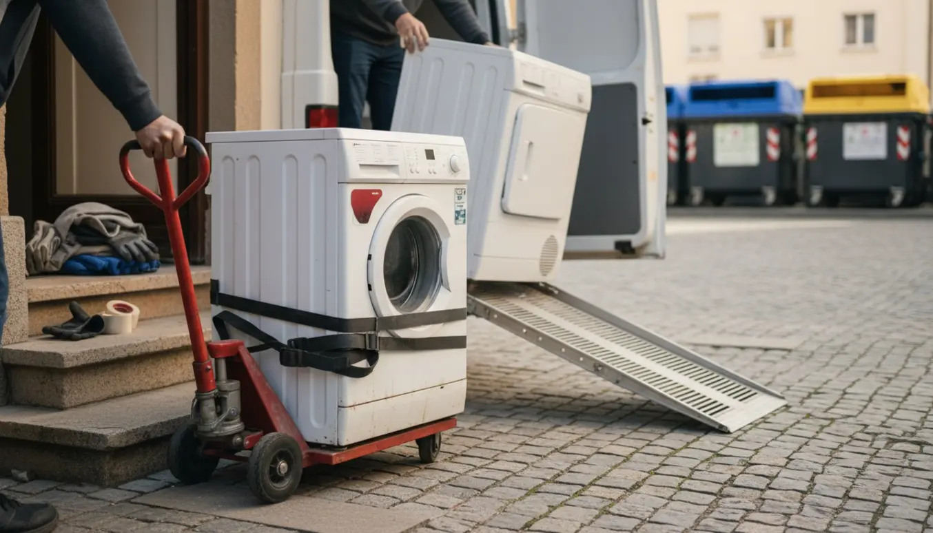 Flyttefolk læsser en gammel vaskemaskine og tørretumbler på en varevogn ved en stuelejlighed, uden synlige ansigter.