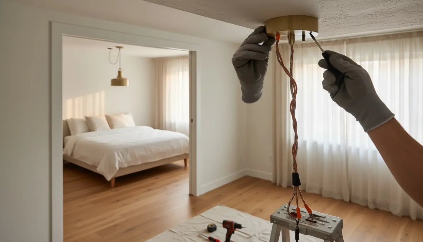 Hænder monterer en pendellampe i en lys stue, mens en matchende lampe hænger i soveværelset i baggrunden.