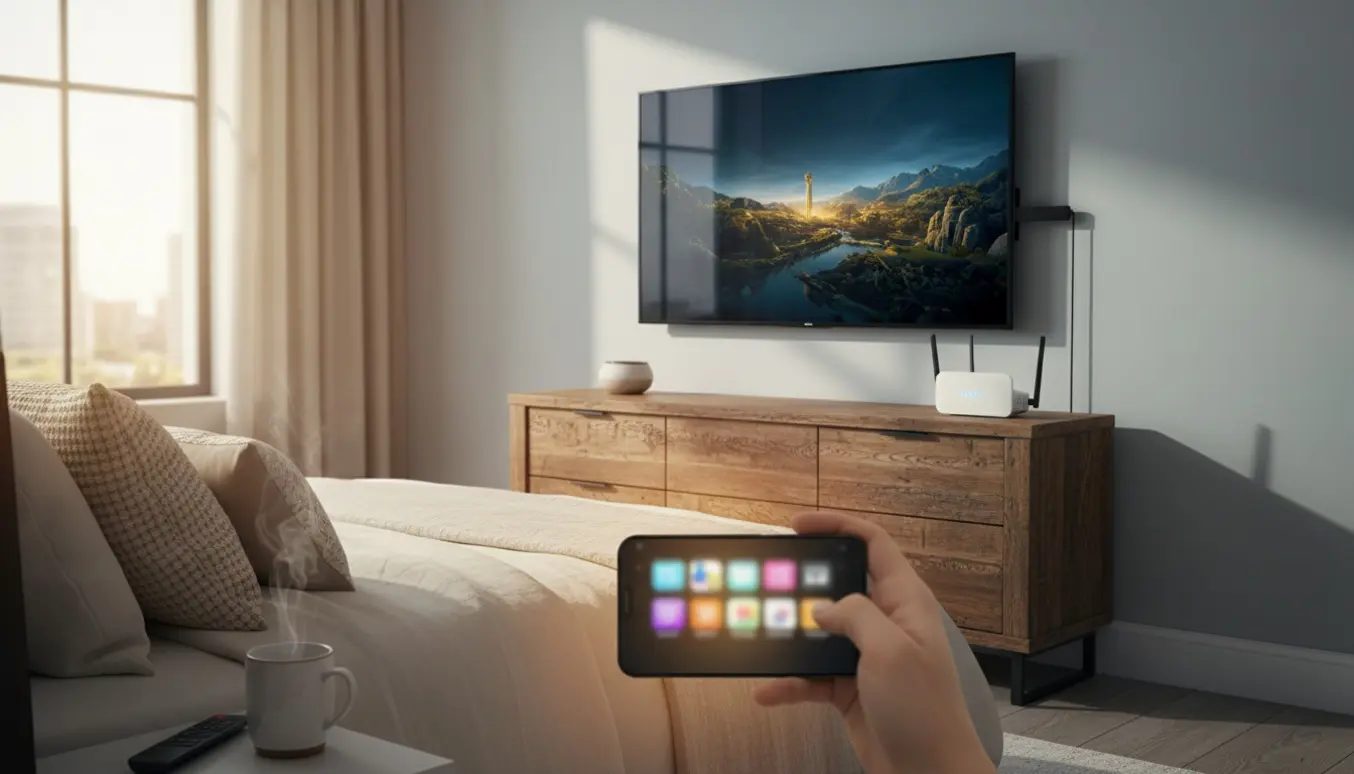 Soveværelse med fladskærm, router og en hånd, der streamer fra en smartphone.