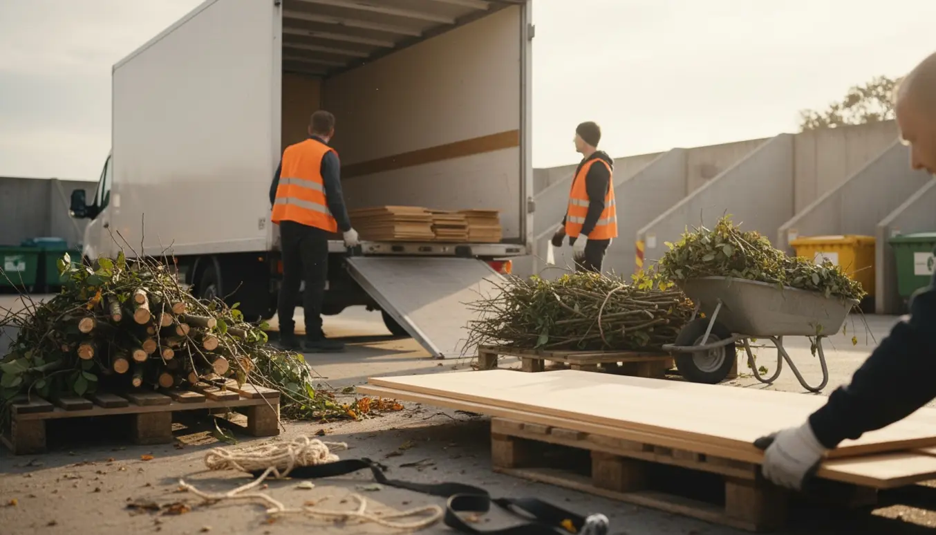 Stor kassevogn læsser profilbrædder og haveaffald af ved en genbrugsplads i gyldent eftermiddagslys.
