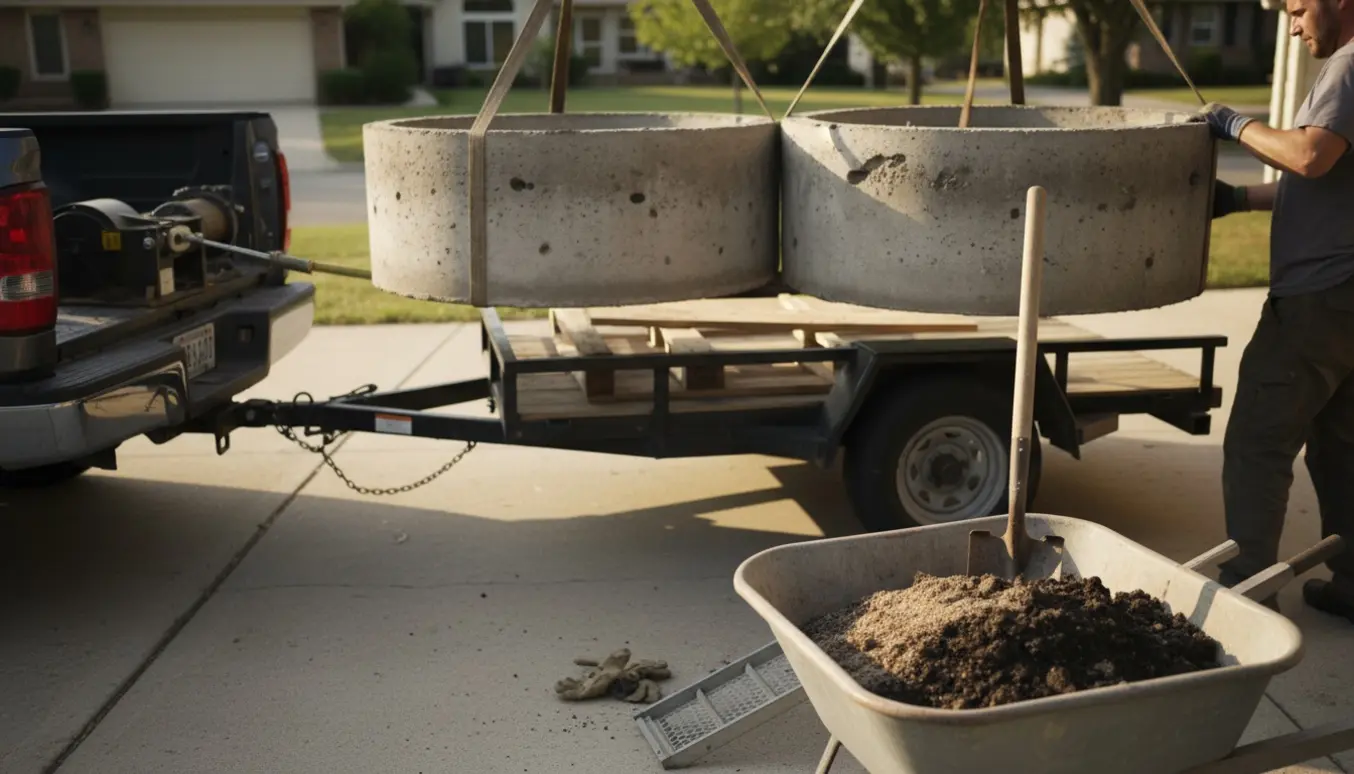 To betonringe læsses på en trailer ved en indkørsel, med trillebør og skovl ved en bunke jord og sand.