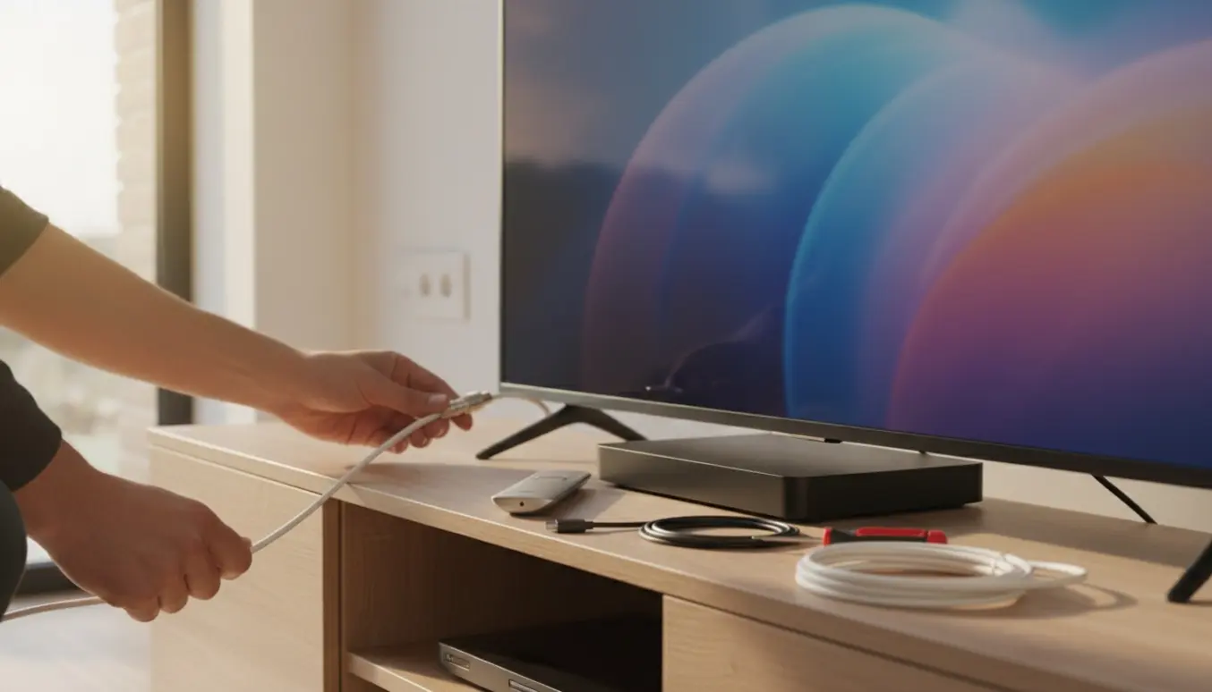 Nærbillede af hænder, der tilslutter et coax-kabel til en TV-boks i en lys stue.