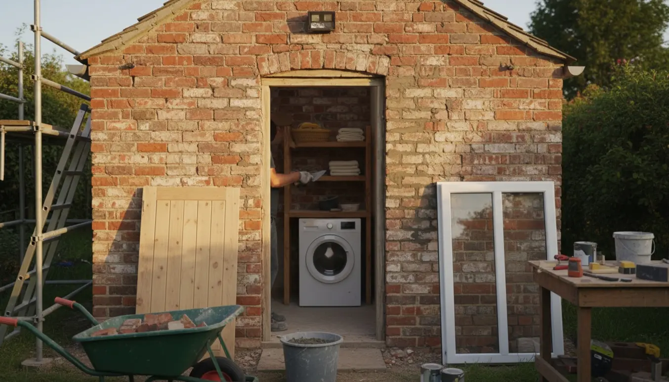 Lille murstensbygning i haven under istandsættelse med murværk, værktøj og en ny dør klar.