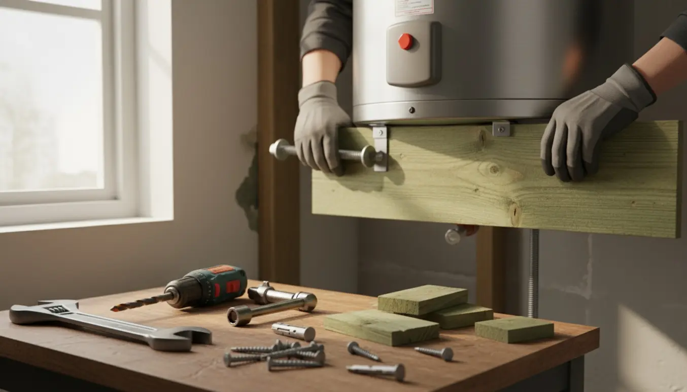 Hænder fastgør en trykimprægneret brædde som fæste bag en vægmonteret vandvarmer.