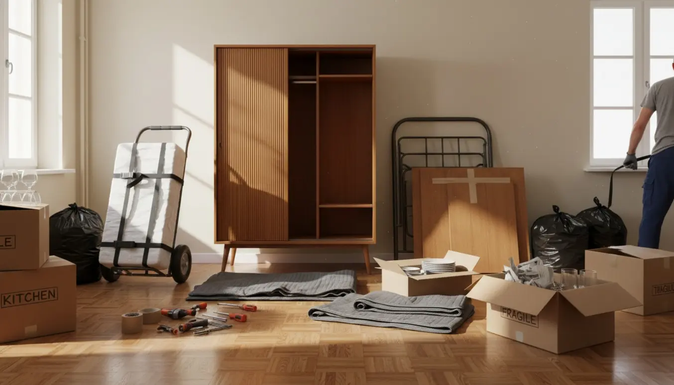 Lyssfyldt lejlighed med møbler og flytteudstyr klar til bortkørsel.