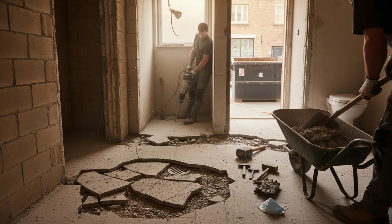 Hyperrealistisk foto af tre små rum med opbrudt beton på gulvene og håndværkere, der læsser affald i en trillebør.