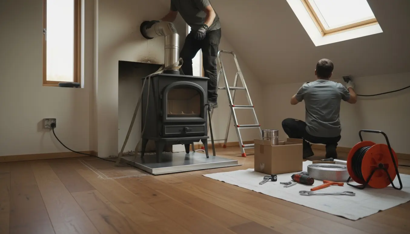 Brændeovn placeres på en ny ildfast plade, mens en håndværker trækker strøm til skorstenens ventilator.