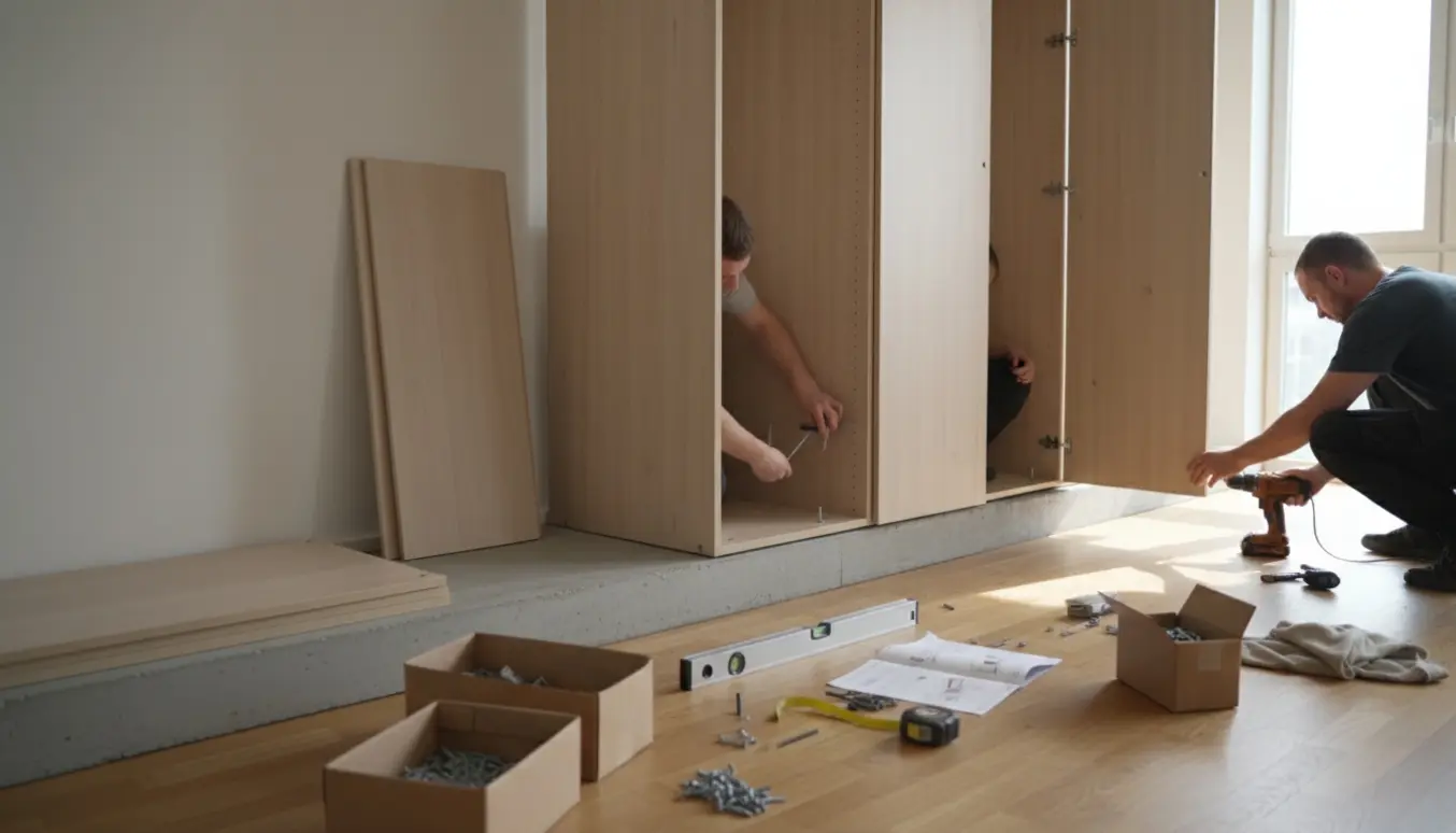 Delvist samlet PAX-garderobe på sokkel i et lyst, tomt rum med værktøj og paneler omkring.