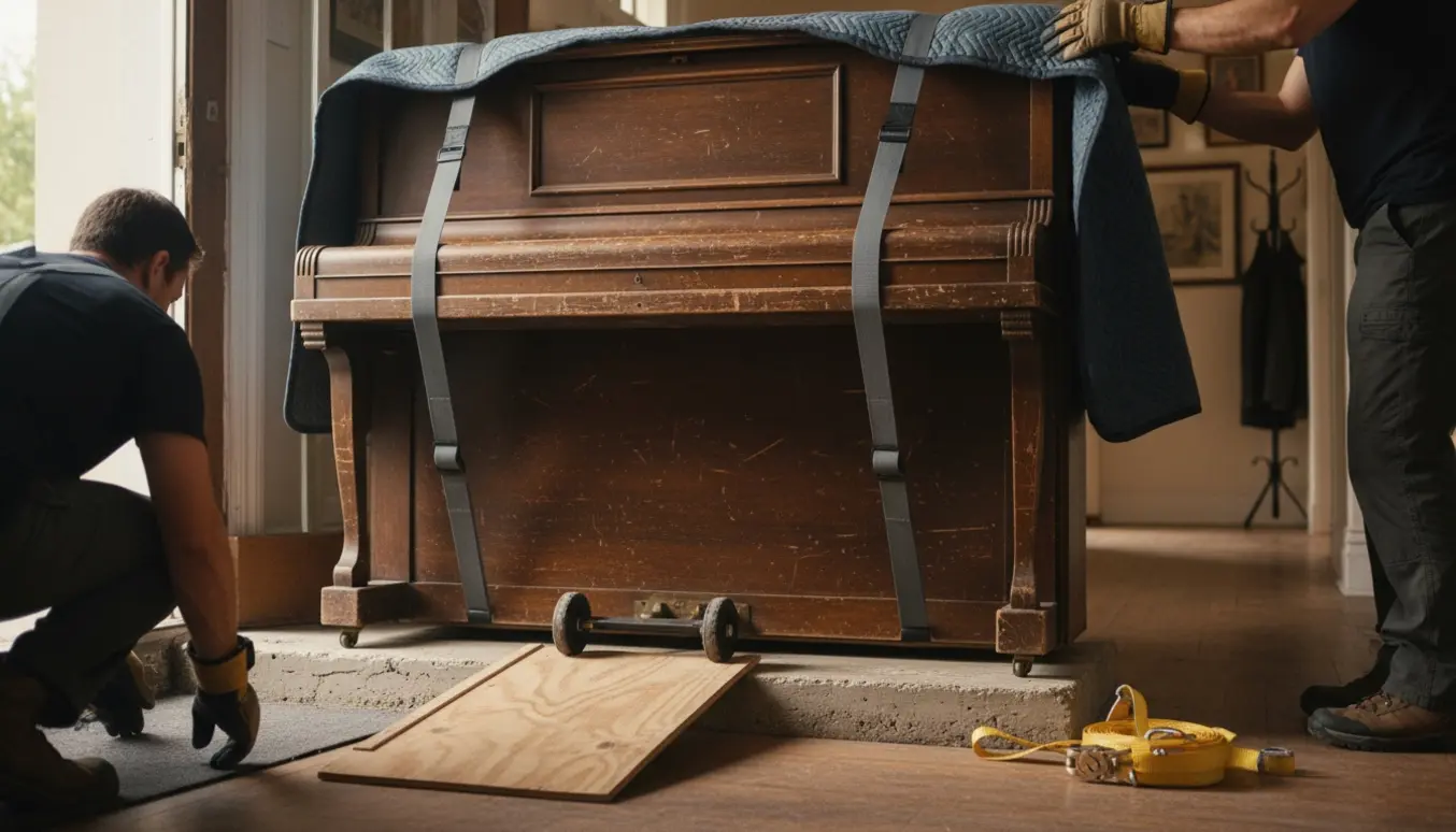 To flyttemænd løfter et tungt, brugbart klaver over en dørtrin ved indgangen med bæreseler og flytteudstyr.