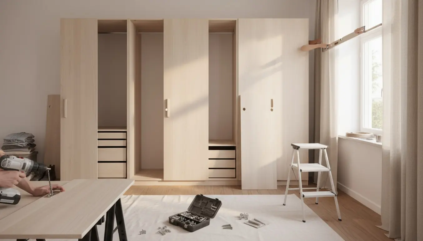 Delvist samlede garderobeskabe og værktøj i et lyst soveværelse, mens hængsler monteres og gardinstænger forberedes til ophæng.