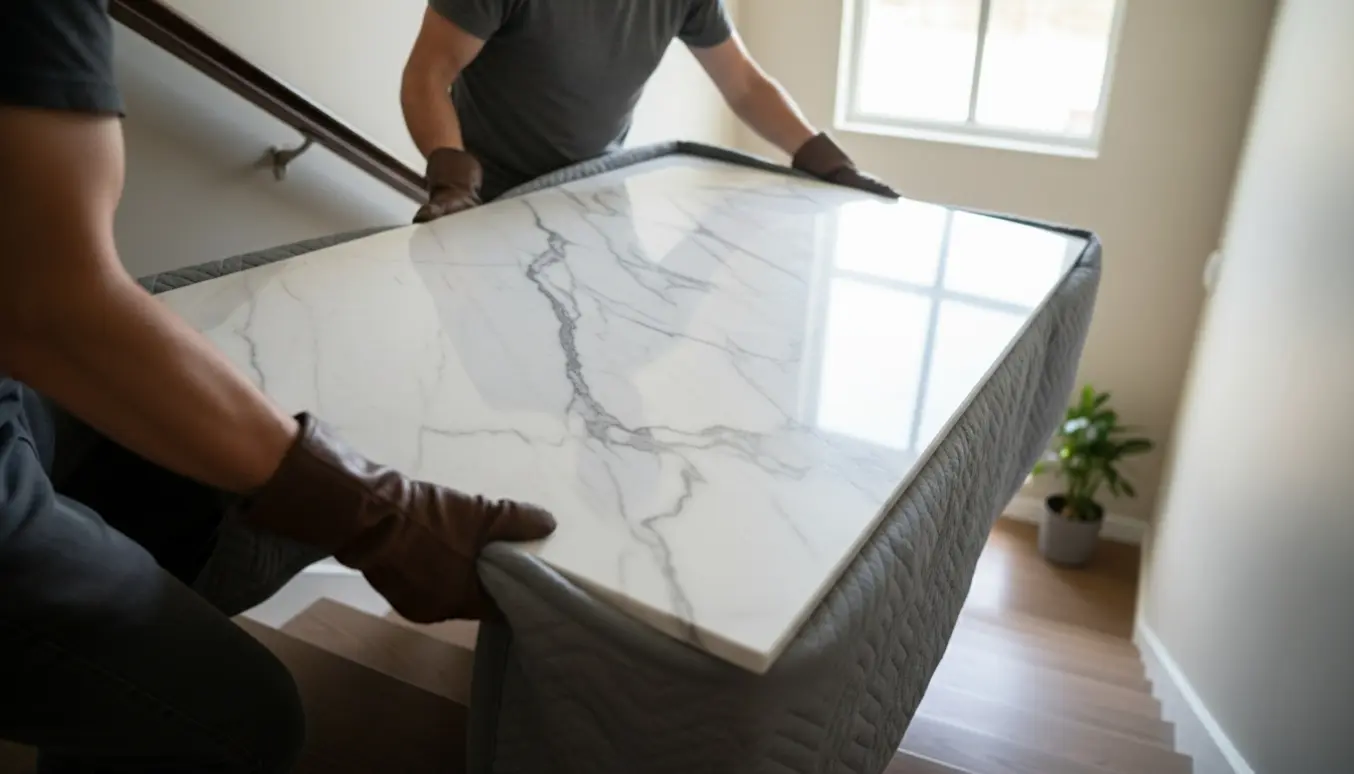 To personer løfter et 60 kg marmorbord op ad en rummelig boligtrappe, med beskyttelsestæppe under bordpladen.