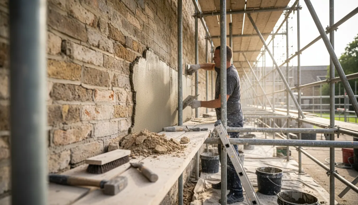 Hænder fjerner løst puds og påfører nyt puds på en lang udendørs mur med stillads og materialer.