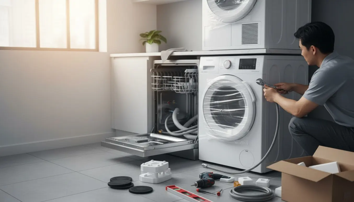 Montør forbinder nye hvidevarer: opvaskemaskine og vaskemaskine med tørretumbler i søjle i et moderne bryggers.