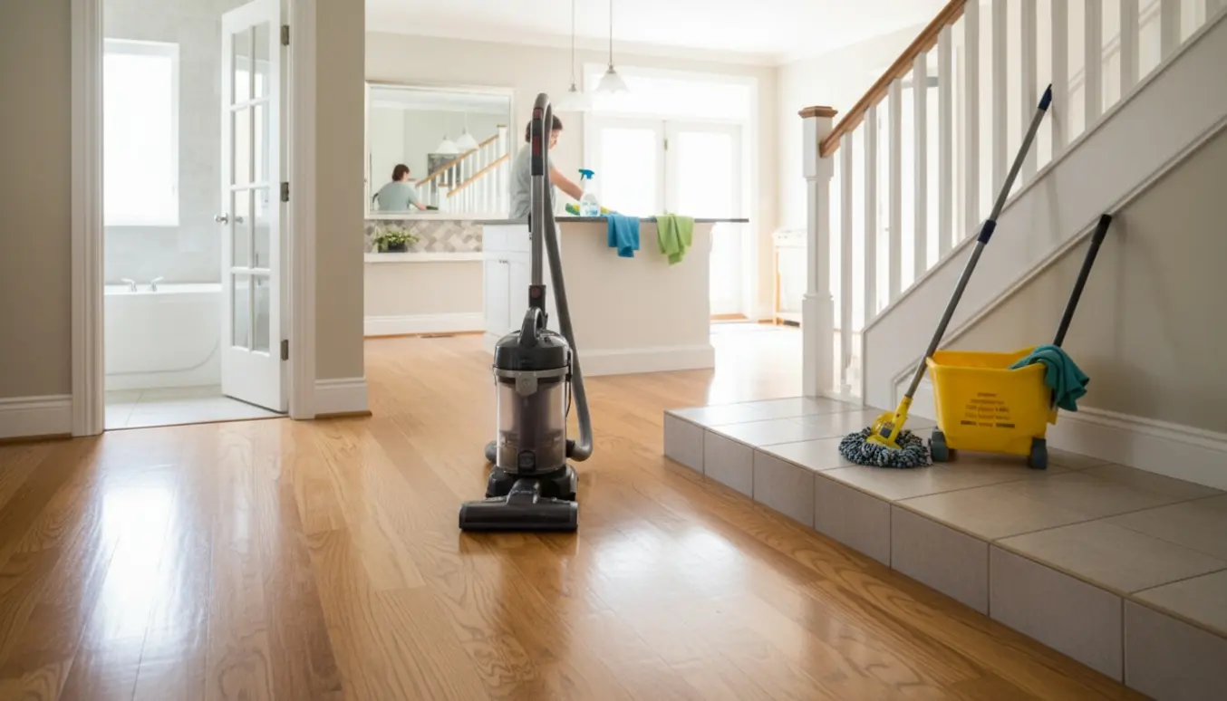 Rengøringsudstyr og støvsuger i et lyst hus med nyvaskede gulve og åben trappe til kælderen.