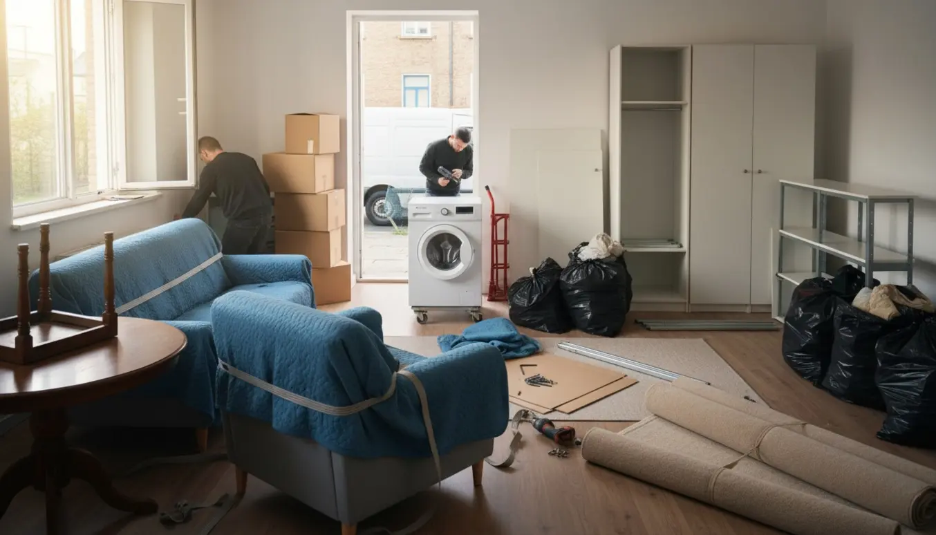 Møbler, pakker og ruller af gulvtæppe i en lys lejlighed klar til afhentning og bortskaffelse.