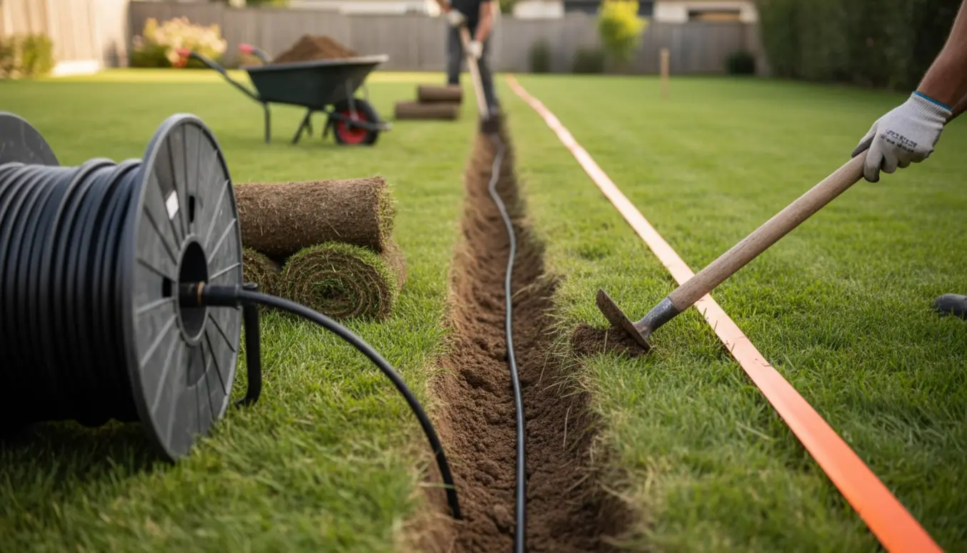 En person lægger et elkabel i en opgravet rende på en græsplæne med kabeltromle og spade i fokus.