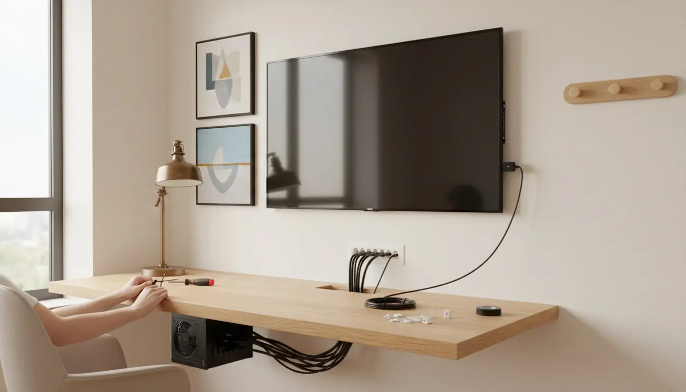 Vægmonteret tv over skrivebord med to malerier, samlet ledningsføring, fastgjort pc, streaming-dongle og lampe.