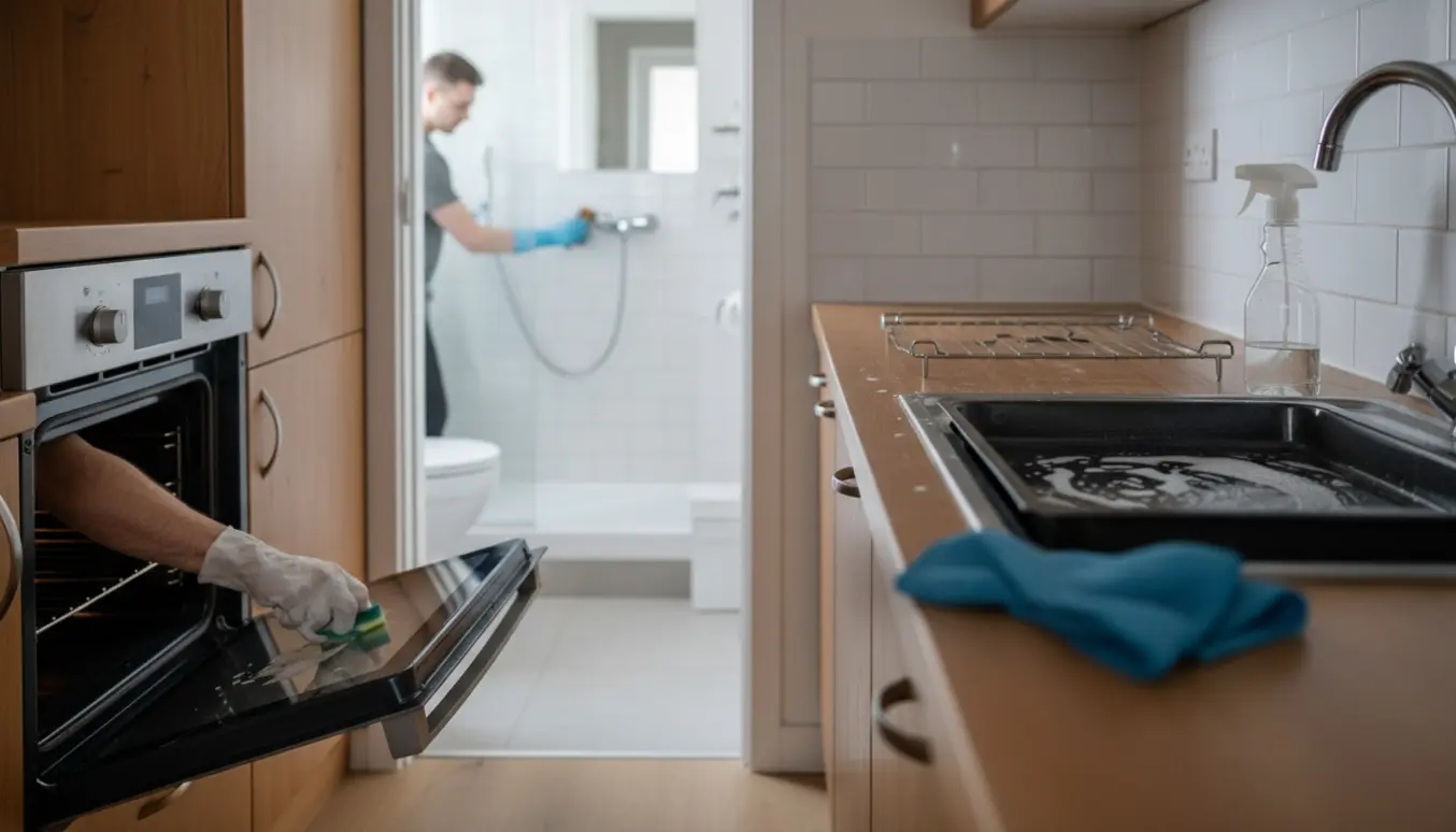 Gummihandsker rengør en åben ovn i en lys lejlighed med et skinnende badeværelse i baggrunden.