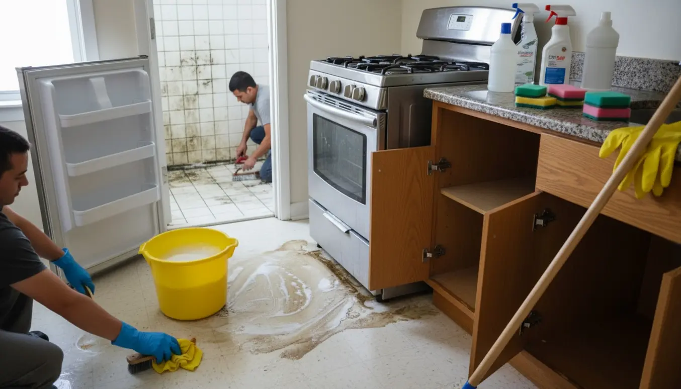 Rengøringshandsker og udstyr i et køkken med flyttet komfur og et badeværelse med beskidte fliser klar til fraflytningsrengøring.