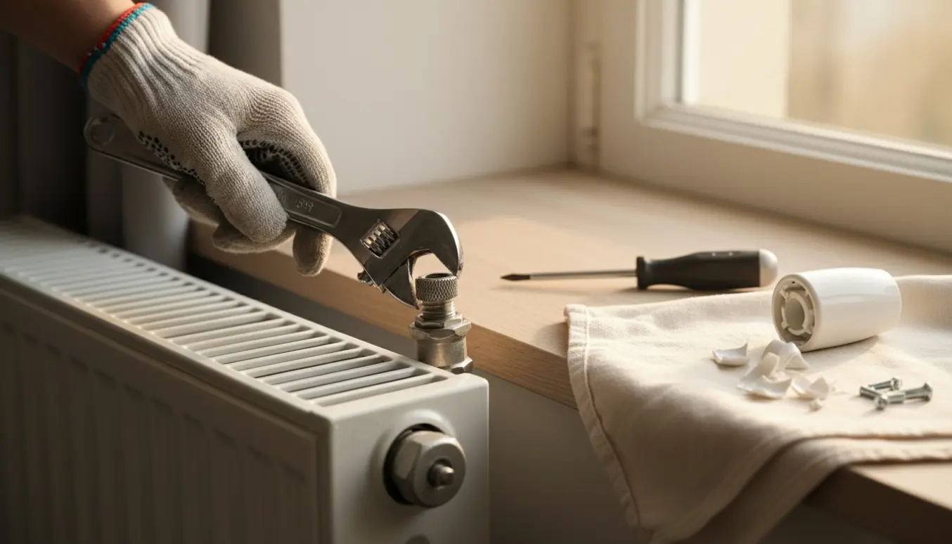 Nærbillede af hænder, der udskifter et ødelagt radiatordrehåndtag med skruetrækker og skiftenøgle i en lys lejlighed.