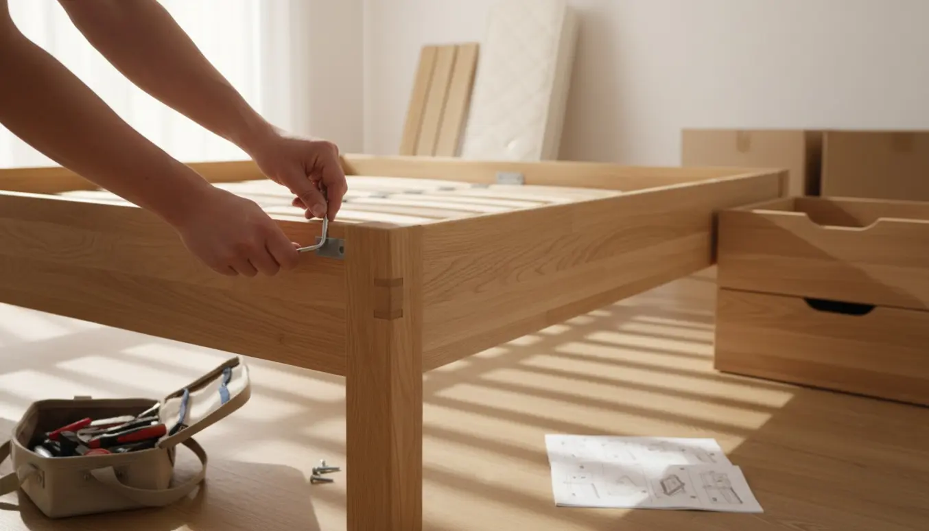 Delvist samlet Myhome-seng 180x200 med skuffer, værktøj og hænder, der spænder bolte.