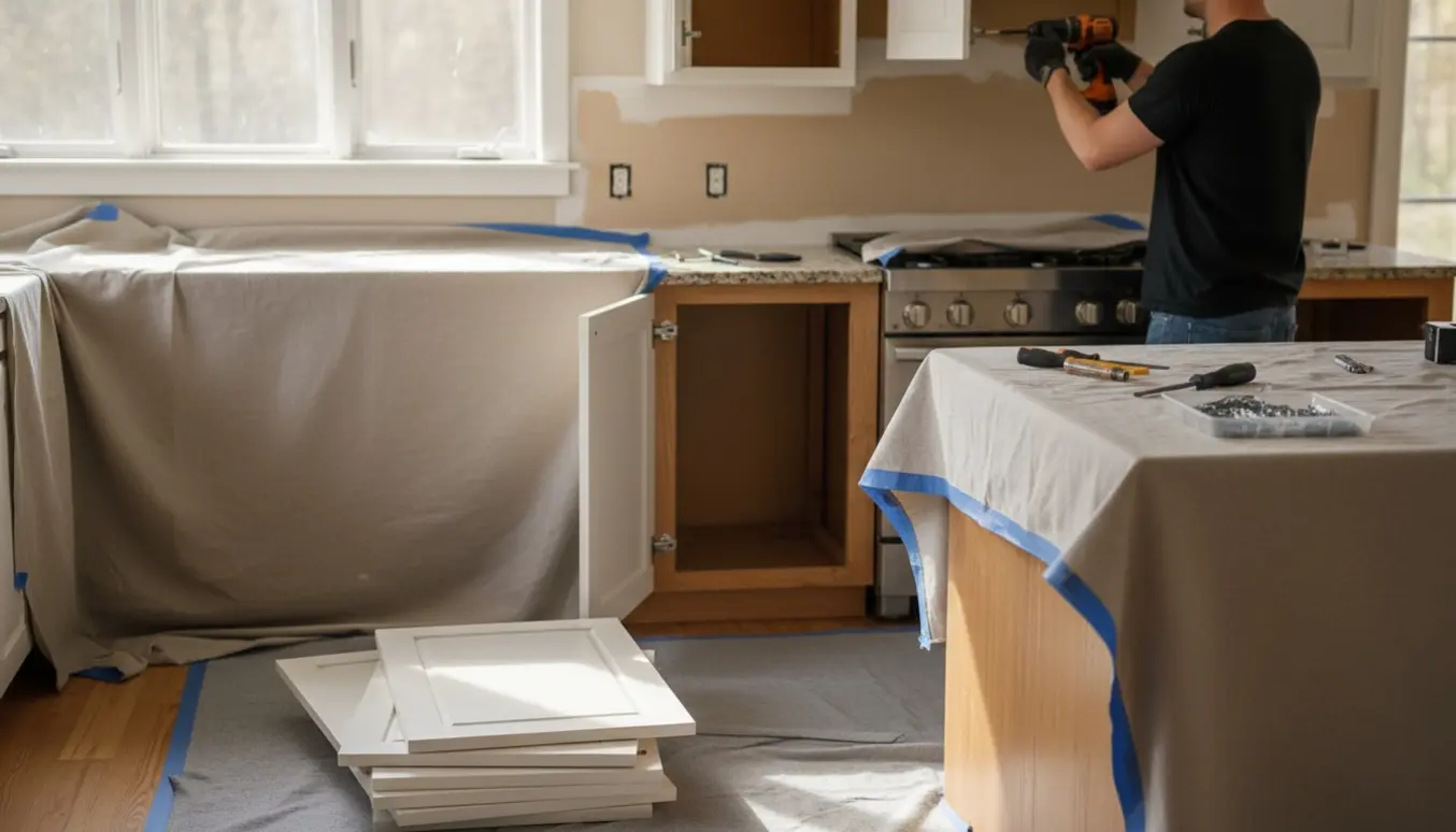 Hænder, der afmonterer et køkkenskab i en lejlighed med stablede skabspaneler og værktøj i baggrunden.