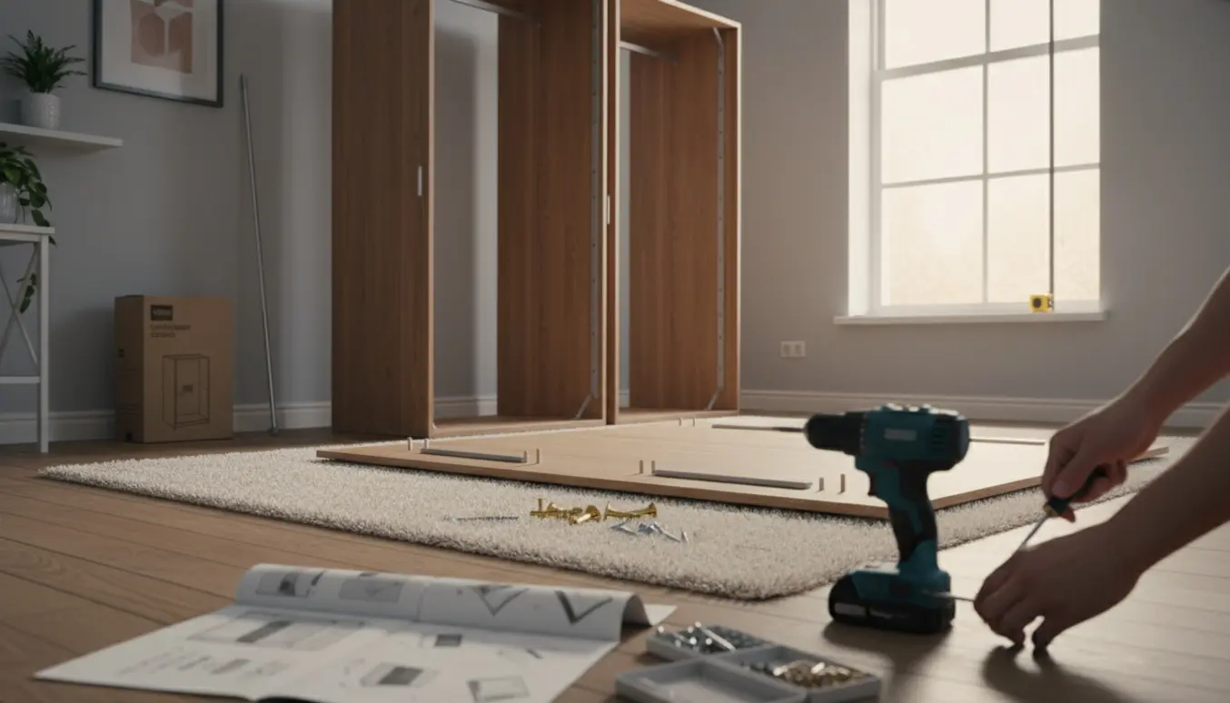 Delvist samlet garderobeskab i et soveværelse med værktøj på gulvet og målebånd ved vinduet.