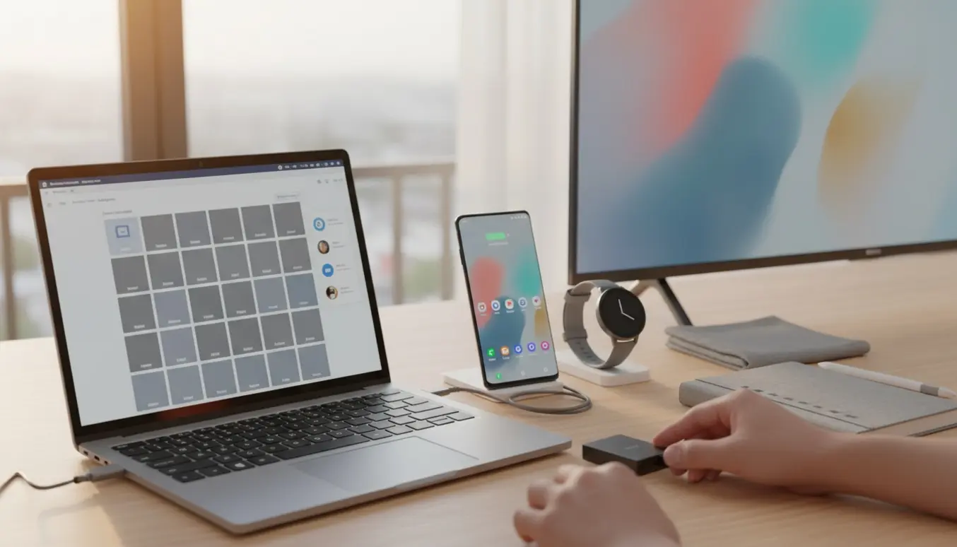 Rydeligt skrivebord med bærbar PC, Samsung-telefon, Garmin-pulsur og tv, der illustrerer digital oprydning og opsætning.