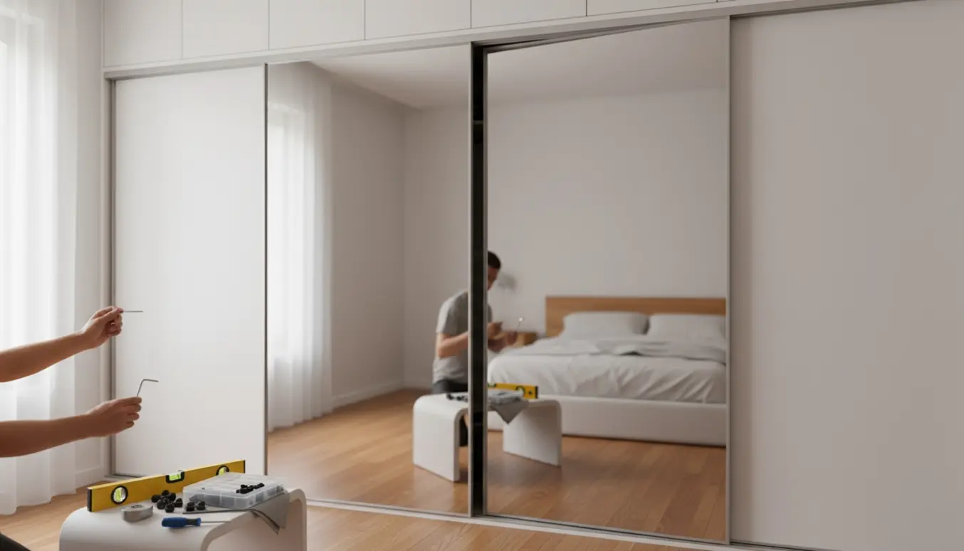 Nærbillede af hænder, der justerer skydedøre på et hvidt garderobeskab med to spejldøre, hvor en dør sidder skævt.