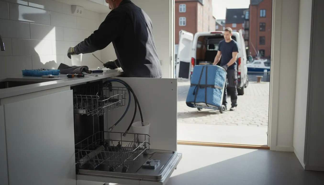 Afbrydning af opvaskemaskine i køkken og flytning af vaskemaskine ud til en varevogn ved kajen.