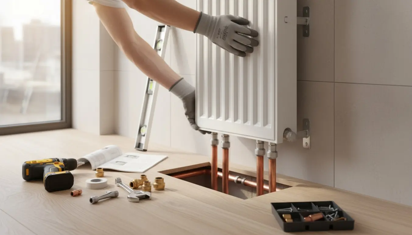 Smalt hvidt varmeapparat monteres i køkken med synlige varmerør gennem en åben gulvhatch til kælderen.