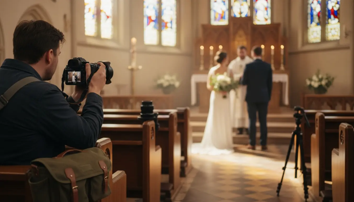 Amatørbryllupsfotograf fotografere et brudepar i en solbelyst kirke fra ryggen med kameraudstyr i fokus.