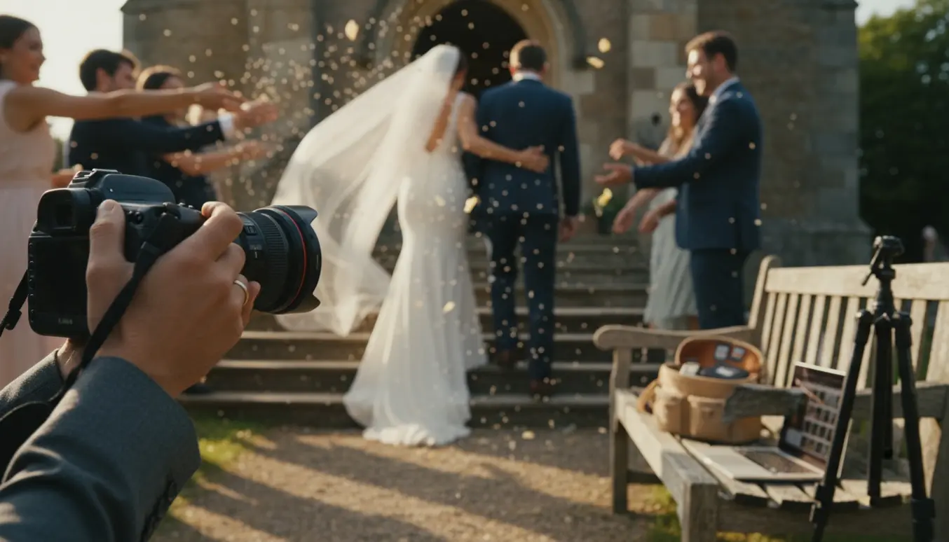 Bryllupsfotograf holder kamera i forgrunden, brudepar på kirketrin med gæster, ris i luften og hukommelseskort på en bænk.
