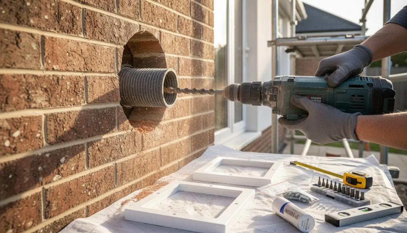 Nærbillede af montør der borer hul i dobbel murstensvæg for at indsætte kattelem med tunnel og værktøj ved siden af.