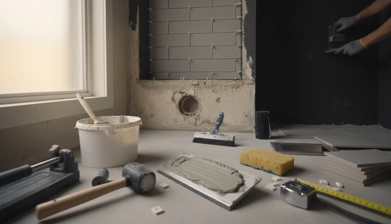 Renoveret bruseniche med nye fliser, vådsikring og udskiftet afløb, værktøj lagt frem.