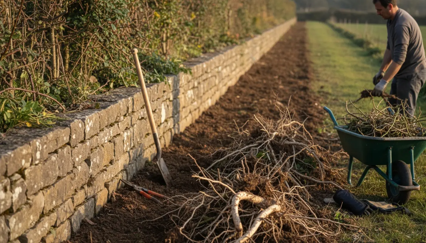 Langt, smalt stykke ovenpå en 2,5 m høj støttemur ryddet for brombær og rødder med skovl, grensaks og trillebør.