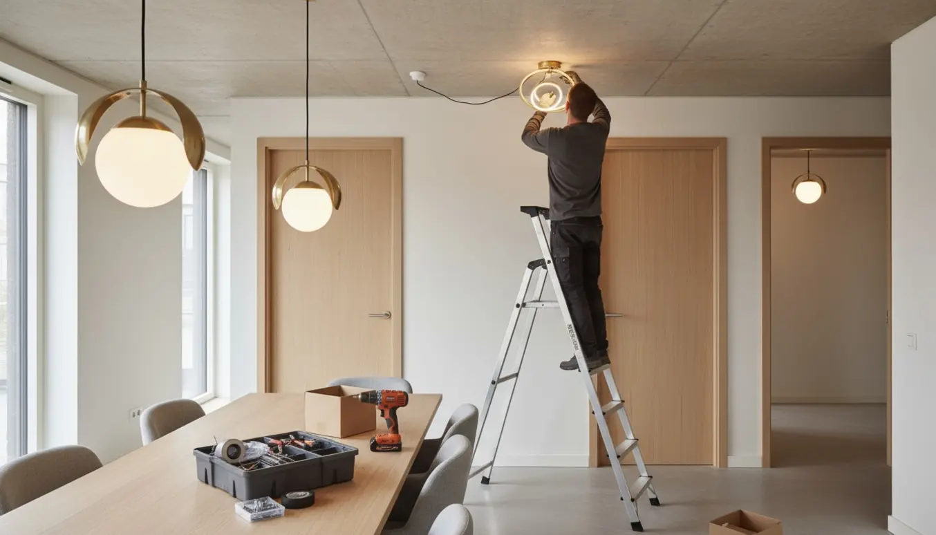 En håndværker monterer loftslamper i en moderne lejlighed med to lamper over spisebordet.