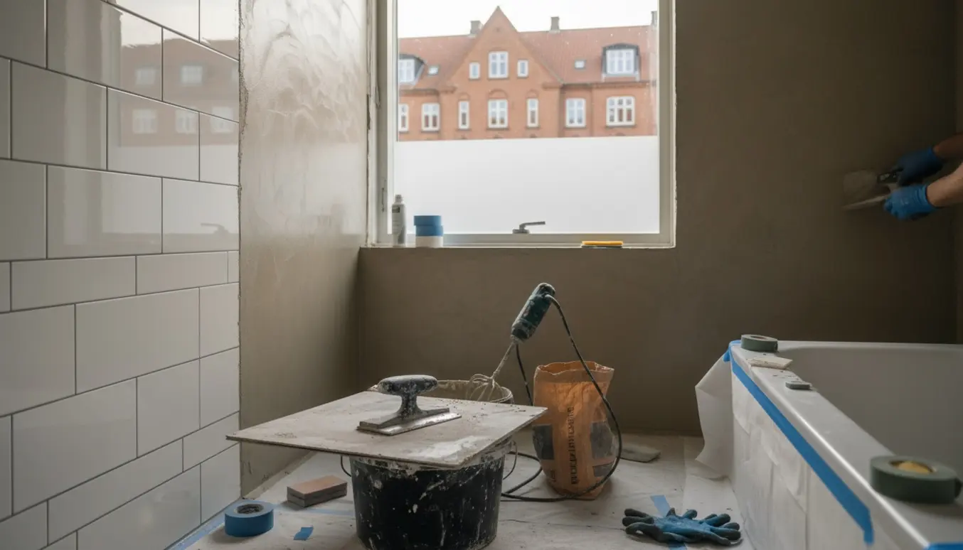 Badeværelse under renovering med mikrocement på væg og gulv og værktøj i forgrunden.
